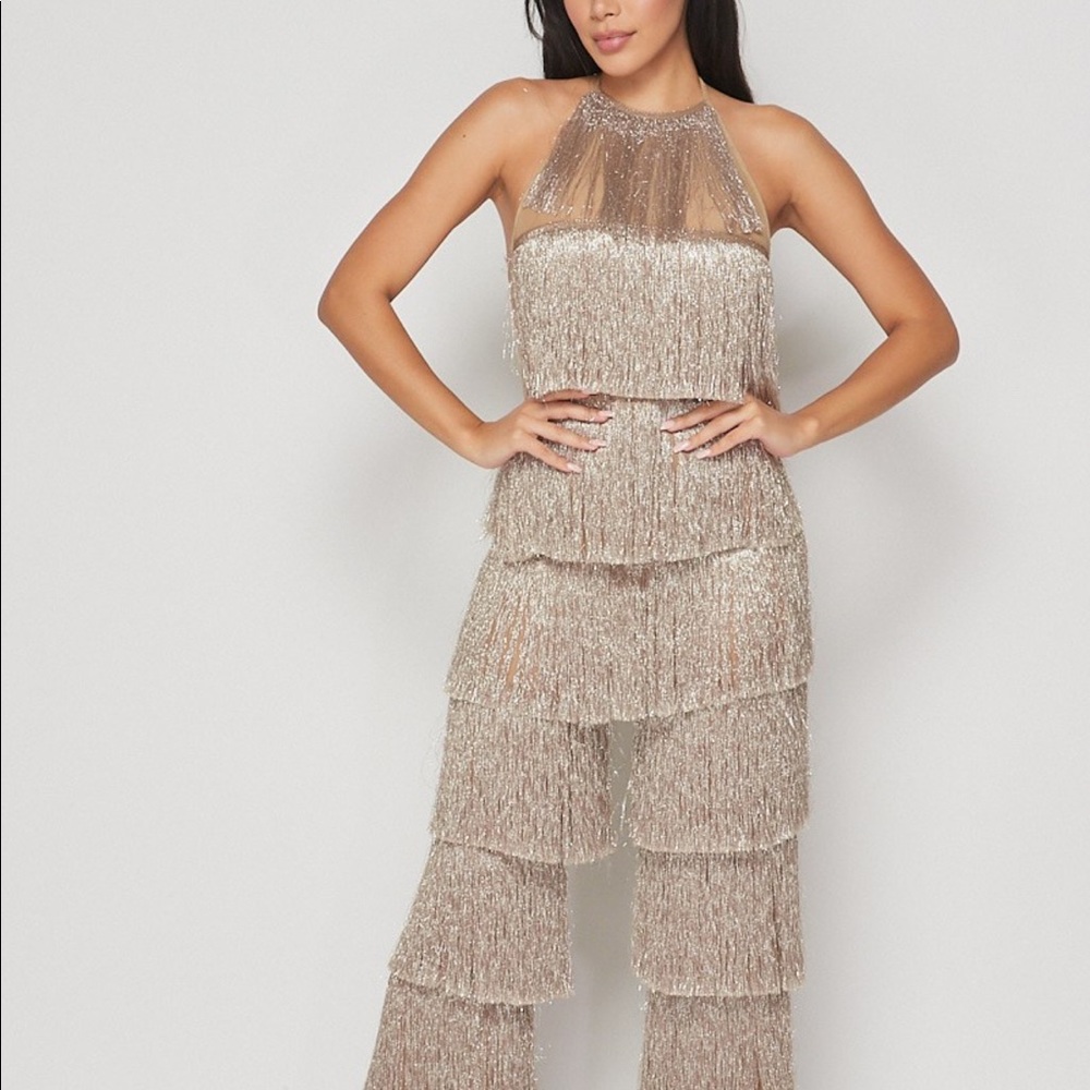 Mesh Tiered Fringe Open Halter Back Jumpsuit
